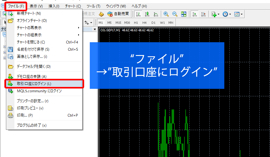 MT4のログイン方法はファイルから取引口座にログインをクリック