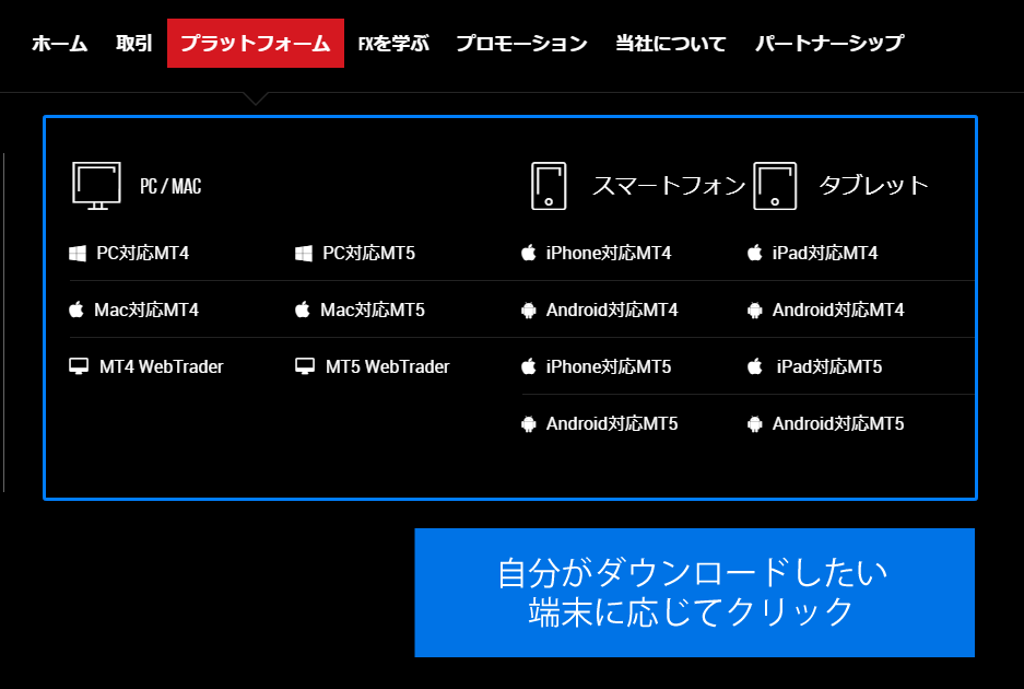 自分がダウンロードしたい端末に合わせてMT4メニューをクリックする